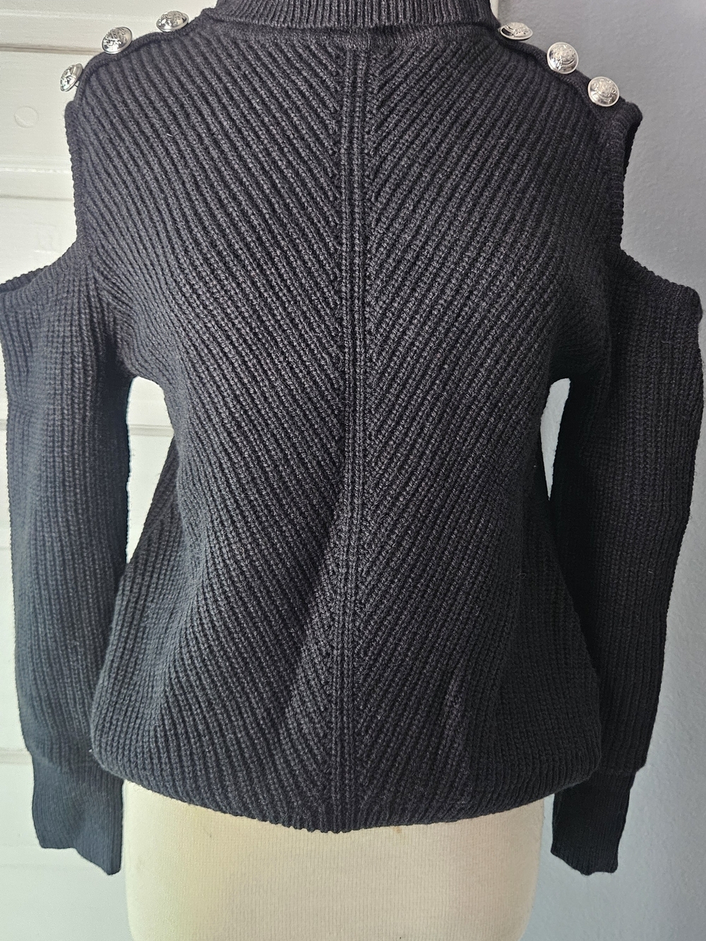I.N.C. Black Cold-Shoulder Knit Sweater with Decorative Buttons